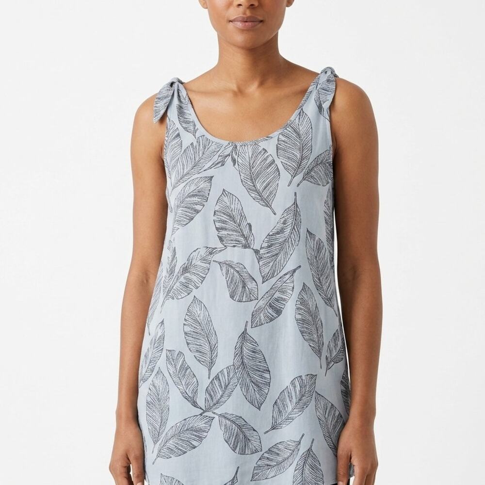 Entro Light Blue Leaf Print Tie Strap Shift Dress Women See Measurements